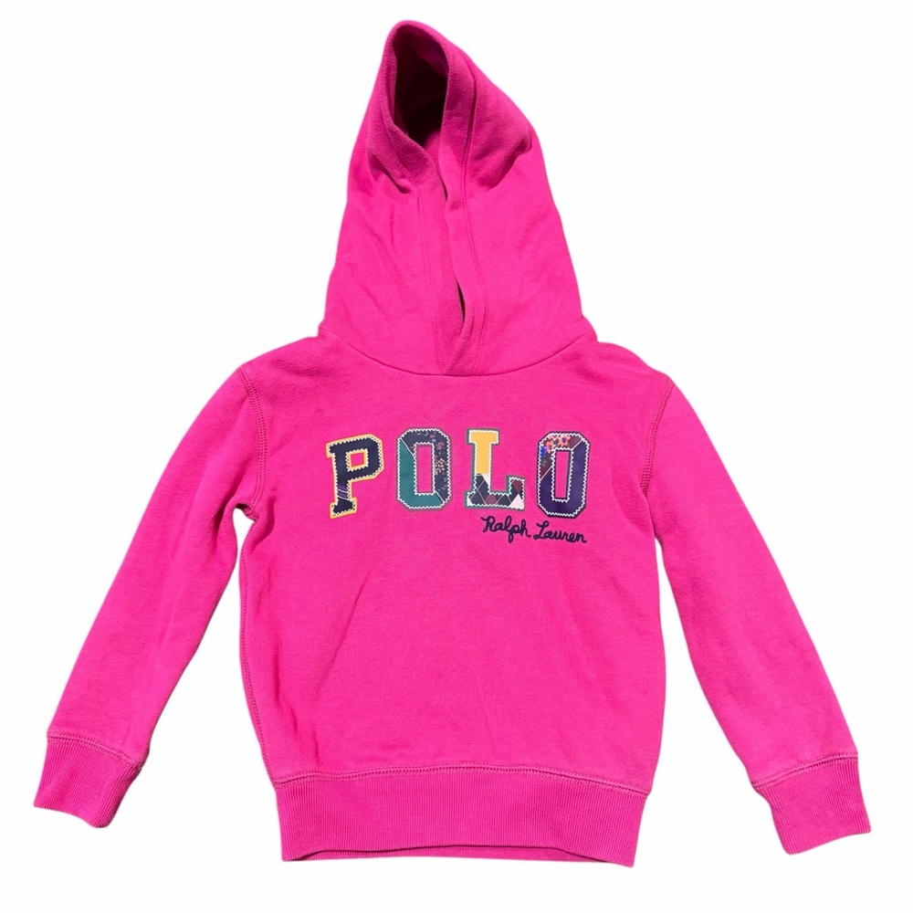 POLO‎ RALPH LAUREN Patchwork Logo Fleece Pullover Hoodie Pink Size 4T
